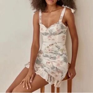 REFORMATION Christine Dress - Size 10 Ruffled Mini Sundress in Long Beach print